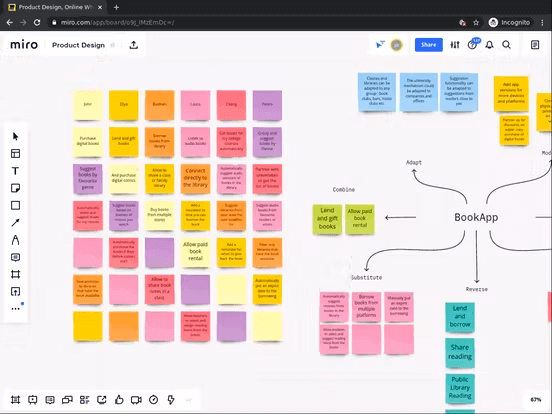 Screenshot of product design brainstorming in Miro