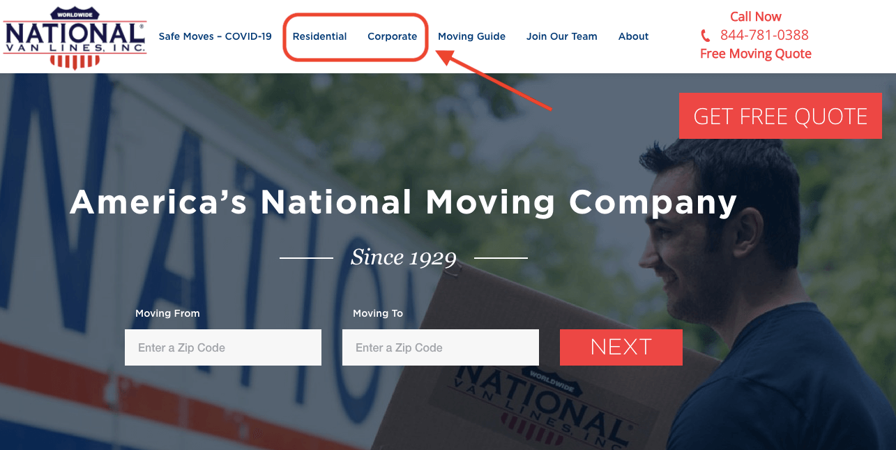 National Van Line's homepage with an arrow pointing to the Residential and Corporate tabs
