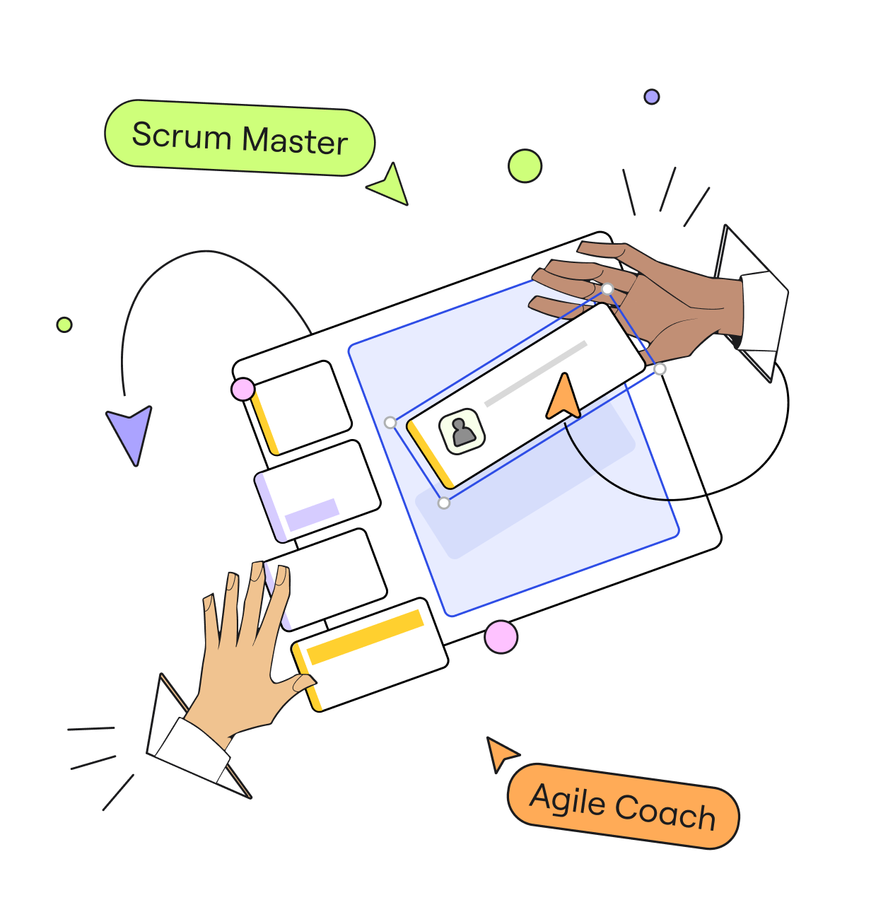 Abstract illustration of a Scrum Master and Agile Coach moving tickets on a Miro board